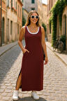 Kadın Yırtmaç Detaylı Viskon Kumaş Maxi Boy Cepli Iç Dahil Ikili Elbise
