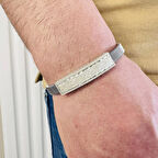 Gümüş Erkek Bileklik,14k Beyaz Altın Kaplama, Işıltılı Desenli Isim Yazılabilir Tasarım