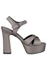 Modabuymus Platin Gri Saten Kalın Platform Topuklu Yüksek Ayakkabı - Margarita