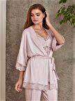 Kadın Penye Dantelli Sabahlıklı Pijama Takımı - 2810