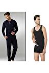 Lacivert Pijama Takımı Siyah Atlet Ve Boxer Seti