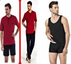 Pierre Cardin Bordo 3lu Pijama Takımı Siyah Atlet Boxer Takım ( 5370-155)