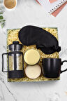 Gold Metal Kutulu Mum & Siyah French Press & Siyah Mat Kupa & Saten Uyku Bandı Hediye Seti