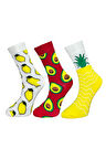 3'lü Unısex Limon Avokado Ananas Desenli Esnek Nem Alabilen Pamuklu Spor Soket Çoraplar