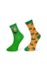 2'li Unısex Yeşil Elmo ve Turuncu Karavan Desenli Esnek Nem Alabilen Pamuklu Spor Soket Çoraplar