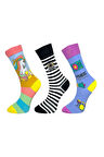 3'lü Unısex  Unicorn, Çizgili ve Müzik Festivali Desenli Esnek Nem Alabilen Pamuklu Spor Soket Çoraplar