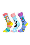 3'lü Unısex Unicorn, Penguen ve Müzik Festivali Desenli Esnek Nem Alabilen Pamuklu Spor Soket Çoraplar