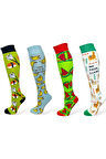 4'lü Unısex Sushi, Muz, Karpuz ve Lama Desenli Esnek Nem Alabilen Pamuklu Diz Üstü Çoraplar