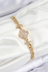 CEYLAN ADAM Pirinç Zirkon Taşlı Yonca Model Gold Renk Kadın Bileklik