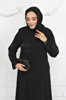 Siyah Çiçek Taş Işlemeli Fermuarlı Büyük Beden Kadın Ferace Mf-2254