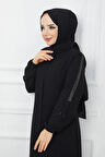 Siyah Taş Işlemeli Apoletli Fermuarlı Kadın Ferace - Azra Ferace