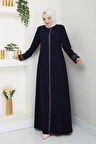 Lacivert Boydan Fermuarlı Papatya İşlemeli Büyük Beden Ferace