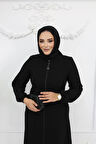 Siyah Spor Düğme Detaylı Fermuarlı Büyük Beden Kadın Ferace - Şeyma Ferace