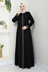 Siyah Boydan Nakış Detaylı Fermuarlı Büyük Beden Ferace Mf-4007