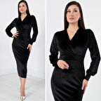 Kadın Kadife Kumaş Manşetli V Yaka Şık Kalem Elbise