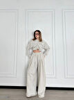 Uzun Kollu Önü İp Büzgülü  Crop Ve Pantolon İkili Takım - Gri