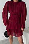 ŞİFON KATLI UZUN KOL ELBİSE - Bordo
