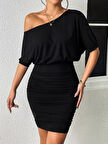 Kadın Tek Omuzu Açık Büzgülü Kısa Sandy Elbise