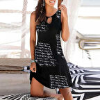 Kadın Kolsuz Halka Detay Mektup Desenli Mikro Elbise