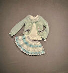 1-2-3 Yaş Brode Etekli Örme Hırkalı Uzun Kollu Sweat 3lü Kız Çocuk Takımı Su Yeşili