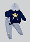 2-3-4 Yaş Pelüş Ayı Desenli Kapşonlu Uzun Kollu Penye Sweat 2li Erkek Çocuk Takımı Lacivert