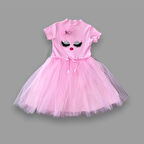 5-6-7 Yaş Payetli Süslü Yüz Baskılı Kız Çocuk Elbisesi Pembe