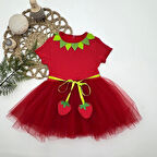 1-2-3 Yaş Çilek Bebekler Baskılı Çilek Kuşaklı Astarlı Kız Bebek Tütü Elbise Kırmızı