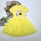 5-6-7 Yaş Flamingo Balerin Kız Baskılı Kurdela Kuşaklı Astarlı Kız Çocuk Tütü Elbise Sarı