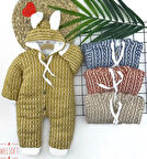 6-9-12-18 Ay Düğme Kapamalı Kulaklı Kapşonlu Triko Kumaş Kız Erkek Bebek Tulumu Mavi