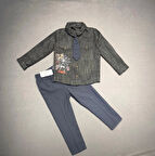 3-4-5 Yaş Kravatlı Keten Gömlek Gabardin Pantolon Uzun Kollu 3lü Erkek Çocuk Takımı Füme