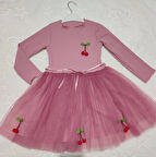 5-6-7 Yaş Kiraz Desenli Kurdela Kuşaklı Astarlı Uzun Kollu Kız Çocuk Tütü Elbise Gül Kurusu