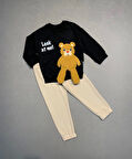 2-3-4 Yaş Ayıcık Sallanan Ayak Desenli Likra Penye Kumaş Sweat Pantolonlu Kız Erkek 2li Çocuk Takımı Siyah