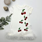 1-2-3 Yaş Payetli Kiraz Nakışlı Eteği Fırfırlı Jile Kız Çocuk Elbisesi Beyaz