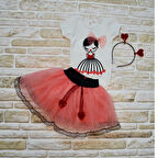 9-12-18 Ay Kalp Kız Nakışlı Taçlı Kısa Kollu Tütü Etek 3lü Kız Bebek Takımı Nar Çiçeği