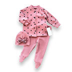 3-6-9-12 Ay Puantiyeli Şapkalı Çıtçıt Kapamalı Patikli 3lü Kız Bebek Takımı Gül Kurusu