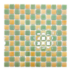 Mutfak tezgah arası, Havuz, Banyo, Sauna, Spa, iç , dış, zemin, duvar, kaplama ve dekorasyon uygulamalarında tüm yüzeyler için, 25x25mm. Mint Yeşili-P.Sarı Damalı,  31.5x31.5cm. Fileli Cam Mozaik.