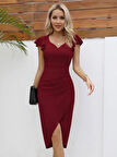 Moda Kumsal QKadın Kısa Kollu Kalp Yaka Yanlardan Büzgü Detay Midi Janjan Krep Elbise
