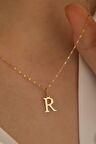 14 Ayar Altın İnce Aynalı Zincir R Harfi Plaka Kolye