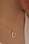 14 Ayar Altın İnce Aynalı Zincir U Harfi Plaka Kolye