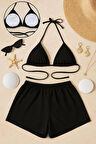 Kadın Siyah Şortlu Belden ve Boyundan Bağlamalı Bikini Takımı