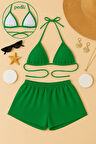 Kadın Yeşil Şortlu Belden ve Boyundan Bağlamalı Bikini Takımı