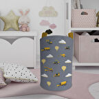 Mekta Home Bebek Ve Çocuk Odası İş Makinesi Ve Seksek Desenli Gri Oyuncak Sepeti