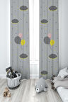 MEKTA HOME BEBEK VE ÇOCUK ODASI Gri Zemin Balonlu Yıldızlı Bulut Desenli 2 Kanat Fon Perde