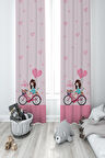MEKTA HOME BEBEK VE ÇOCUK ODASI Bisikletli Kız ve Kalpli Balon Desenli Pembe 2 Kanat Fon Perde