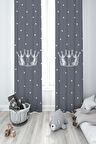 MEKTA HOME BEBEK VE ÇOCUK ODASI Kral Tacı ve Yıldız Desenli Gri 2 Kanat Fon Perde