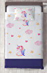 MEKTA HOME BEBEK VE ÇOCUK ODASI Unicorn ve Seksek Desenli Lacivert Yatak Örtüsü