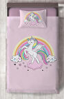 MEKTA HOME BEBEK VE ÇOCUK ODASI Gökuşağı ve Unicorn Desenli Pembe Yatak Örtüsü