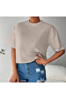 Kadın Relaxed Kalıp Bisiklet Yaka Basic Bej Rengi Tişört