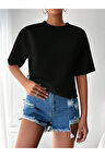 Kadın Relaxed Kalıp Bisiklet Yaka Basic Siyah Tişört