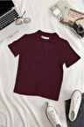 Kadın Bordo Polo Yaka Fitilli Kaşkorse Kısa Kollu Tişört